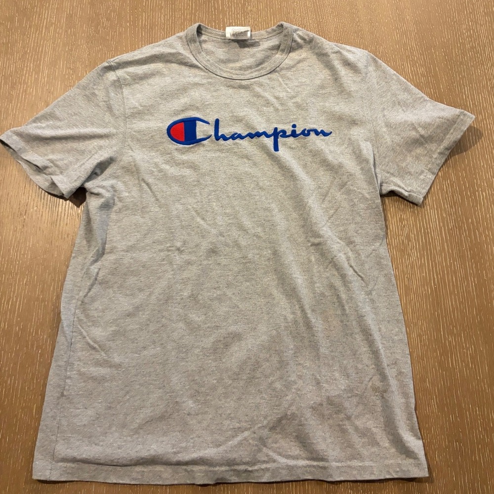 Champion Men's Large Gray Embroidered Script Logo T-Shirt Athletic Tee